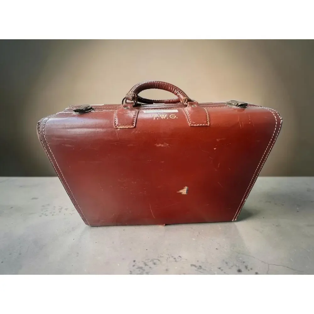 Vintage 1950s 60s Leather Suitcase Brown Hard Case Luggage Monogrammed TWG